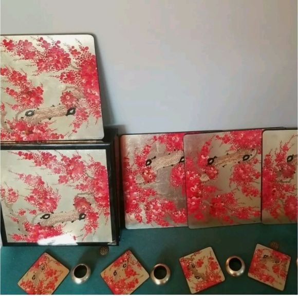 Minh Phuong 24 Piece Japanese Cherry Blossom Place Mat Sets, New, Gold Red - Picture 1 of 14